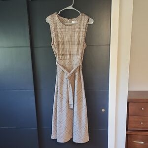 Calvin Klein Beige Plaid Midi Dress